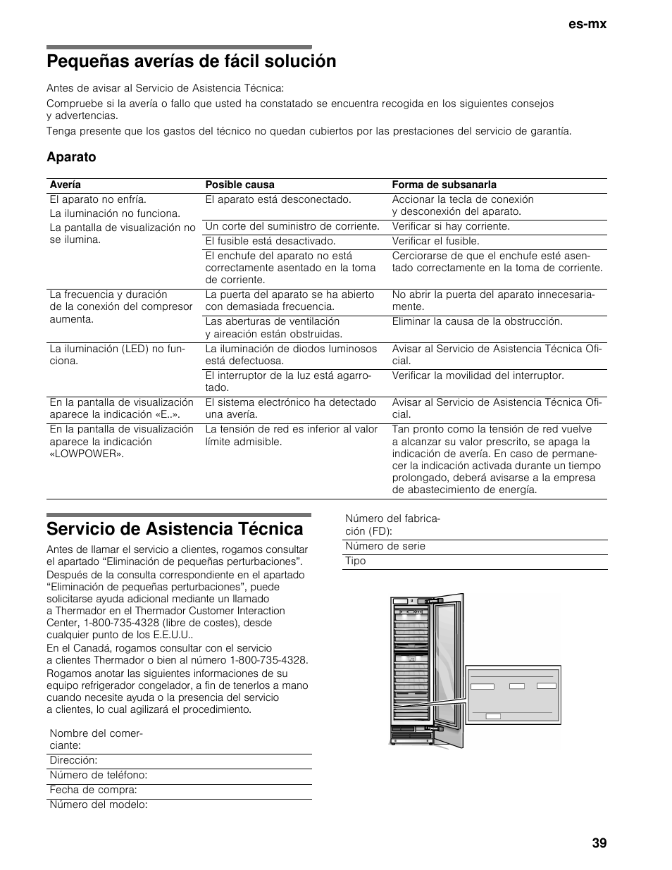 Pequeñas averías de fácil solución, Servicio de asistencia técnica, Es-mx 39 | Aparato | Thermador T24IW User Manual | Page 39 / 42