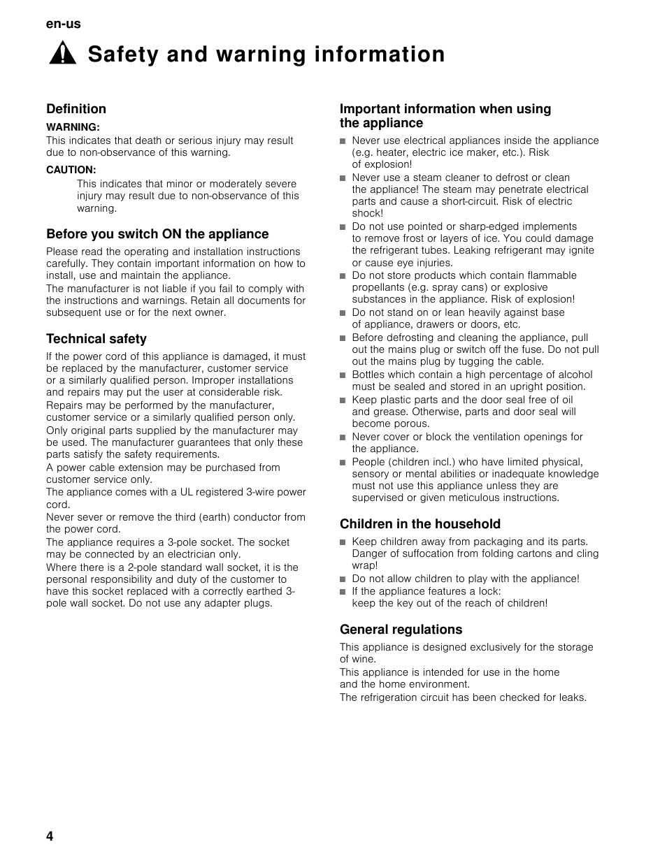 Safety and warning information, En-us 4, Definition | Before you switch on the appliance, Technical safety, Important information when using the appliance, Children in the household, General regulations | Thermador T24IW User Manual | Page 4 / 42
