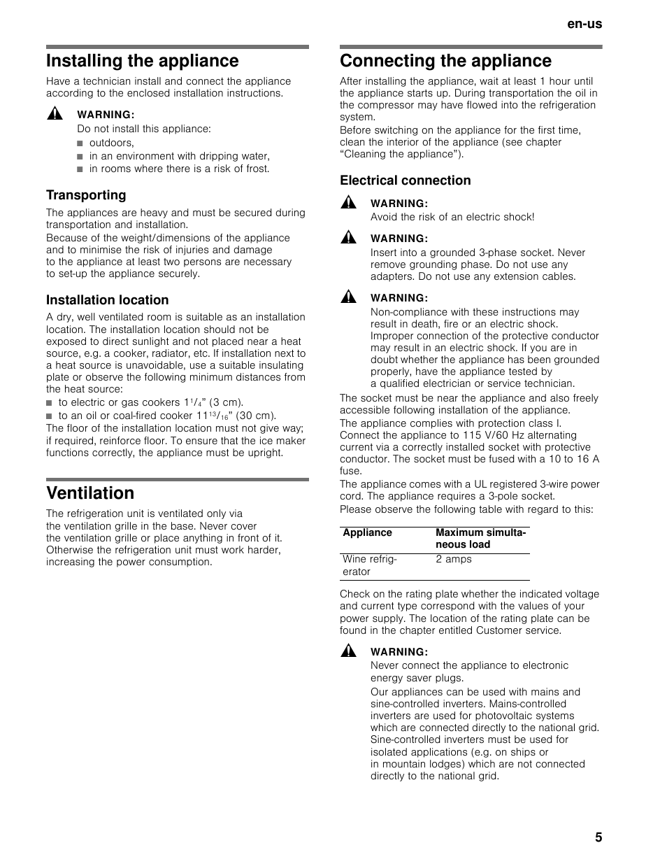Installing the appliance, Ventilation, Connecting the appliance | En-us 5, Transporting, Installation location, Electrical connection | Thermador T24IW User Manual | Page 5 / 42