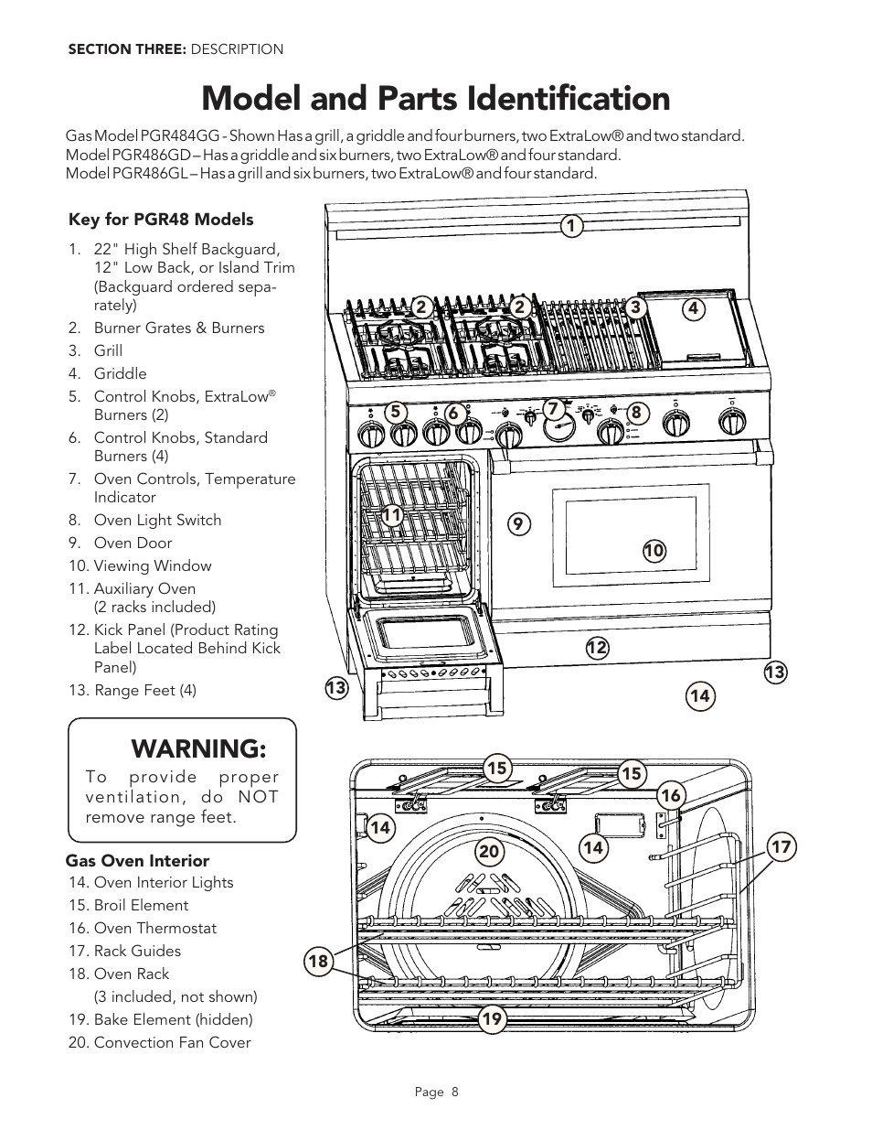 Model and parts identification, Warning | Thermador PGR48 User Manual | Page 10 / 48