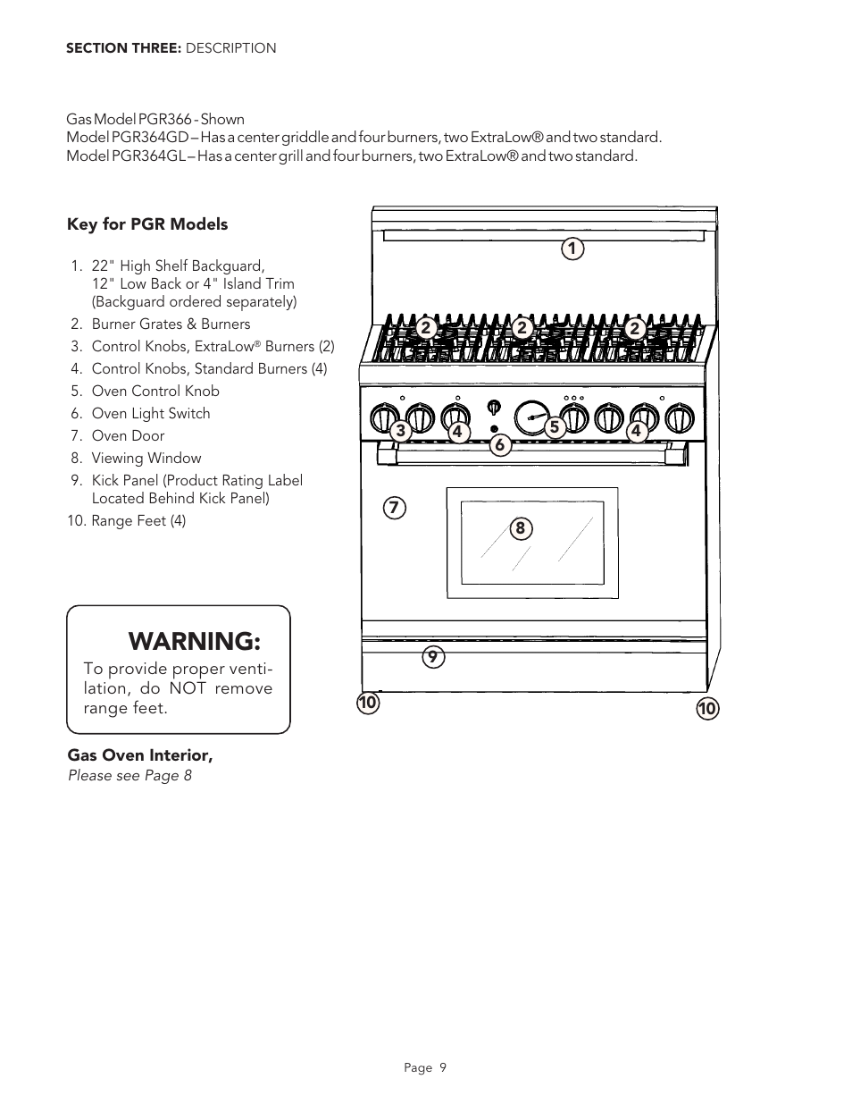 Warning | Thermador PGR48 User Manual | Page 11 / 48