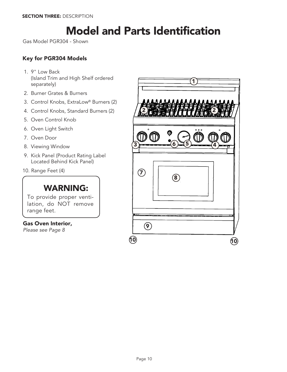 Model and parts identification, Warning | Thermador PGR48 User Manual | Page 12 / 48