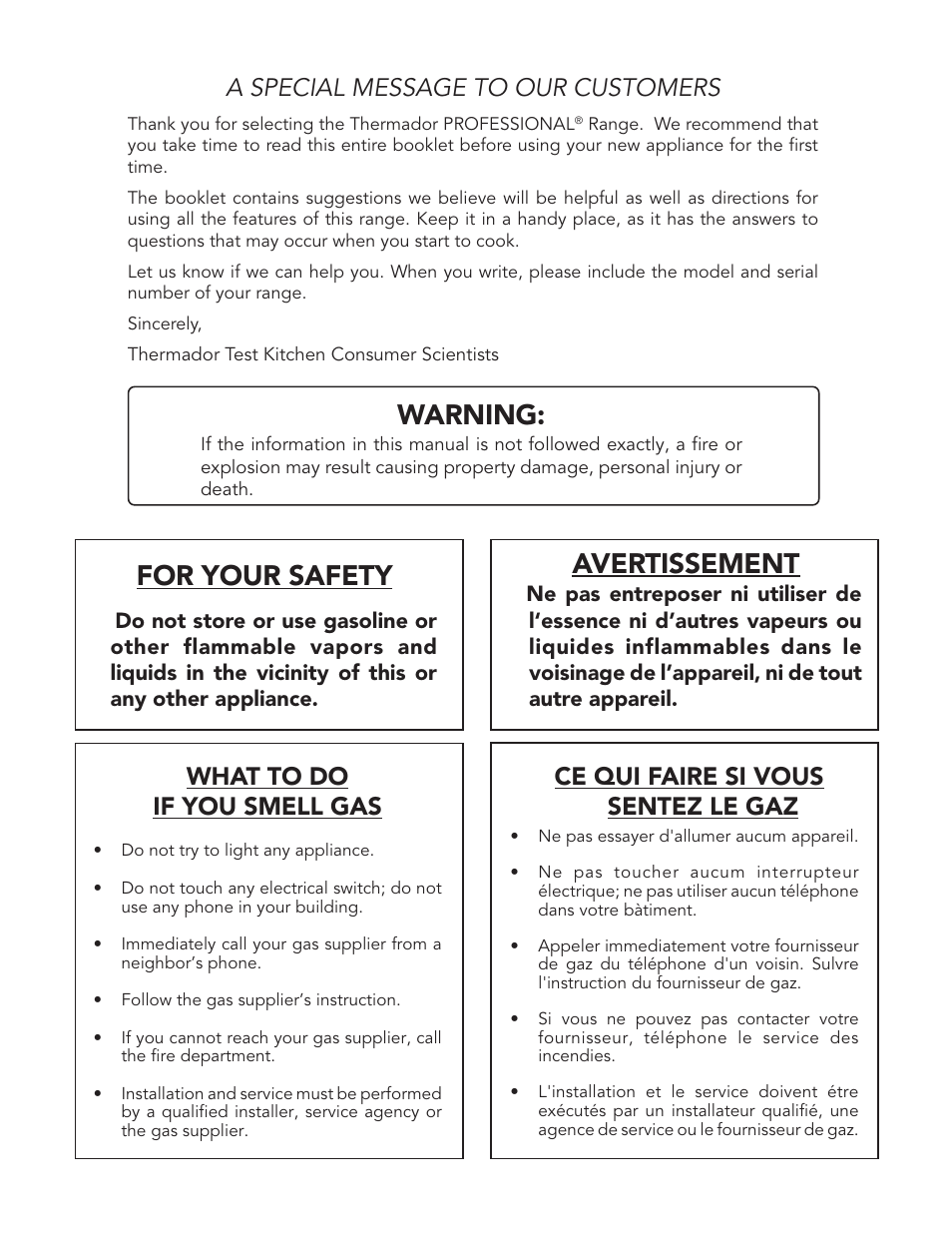 Warning, Avertissement, For your safety | A special message to our customers, What to do if you smell gas, Ce qui faire si vous sentez le gaz | Thermador PGR48 User Manual | Page 2 / 48