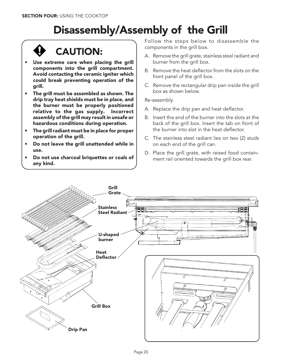 Disassembly/assembly of the grill, Caution, Exploded views and side view of grill | Thermador PGR48 User Manual | Page 22 / 48