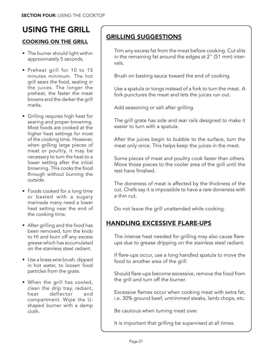 Using the grill, Grilling suggestions, Handling excessive flare-ups | Thermador PGR48 User Manual | Page 23 / 48