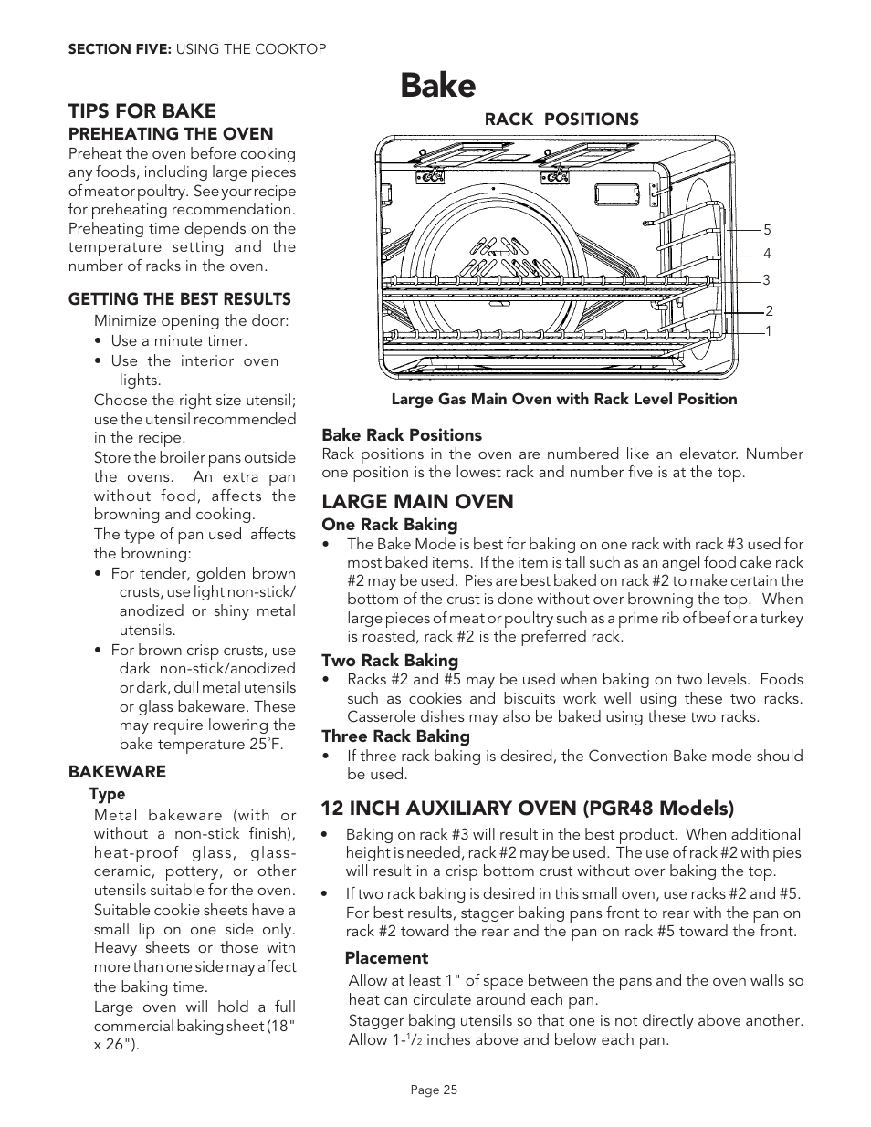 Bake, Tips for bake, Large main oven | 12 inch auxiliary oven (pgr48 models) | Thermador PGR48 User Manual | Page 27 / 48