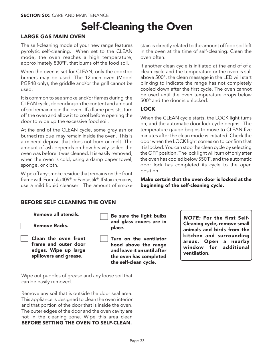 Self-cleaning the oven | Thermador PGR48 User Manual | Page 35 / 48