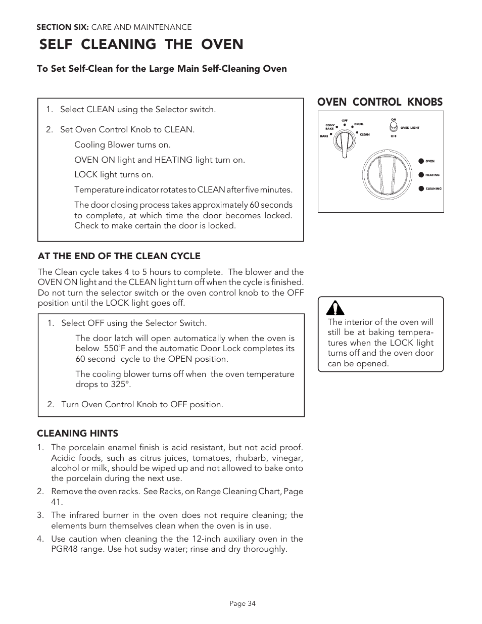 Caution, Self cleaning the oven | Thermador PGR48 User Manual | Page 36 / 48