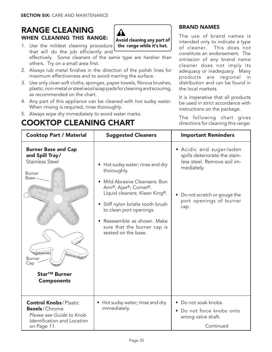 Caution, Range cleaning, Cooktop cleaning chart | Thermador PGR48 User Manual | Page 37 / 48