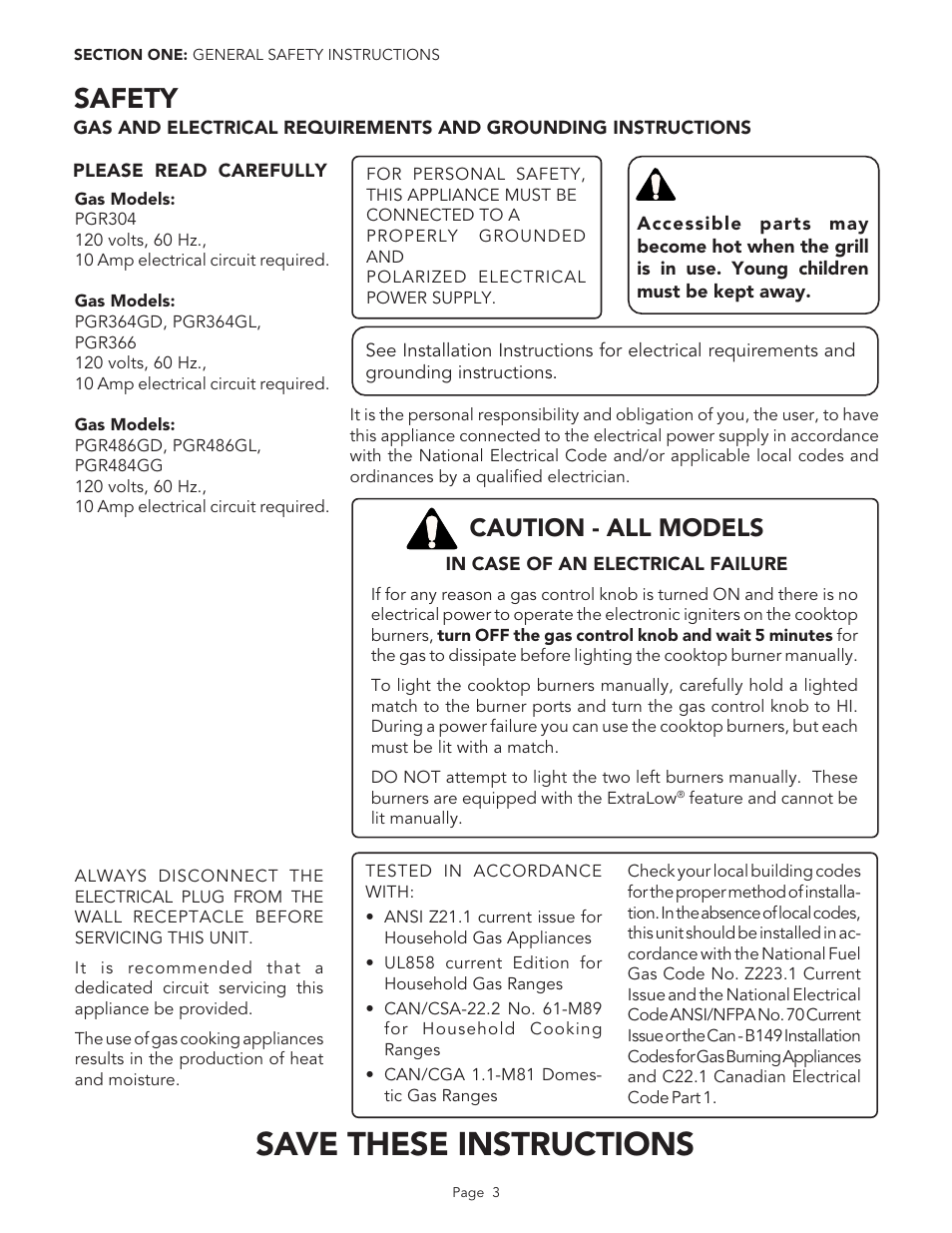 Caution, Save these instructions, Safety | Caution - all models | Thermador PGR48 User Manual | Page 5 / 48