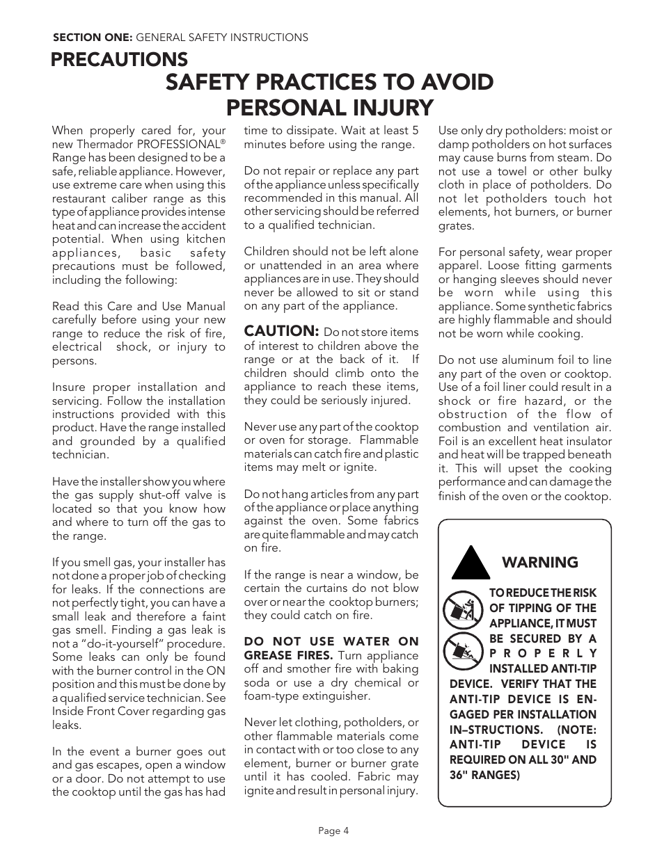 Safety practices to avoid personal injury, Precautions | Thermador PGR48 User Manual | Page 6 / 48