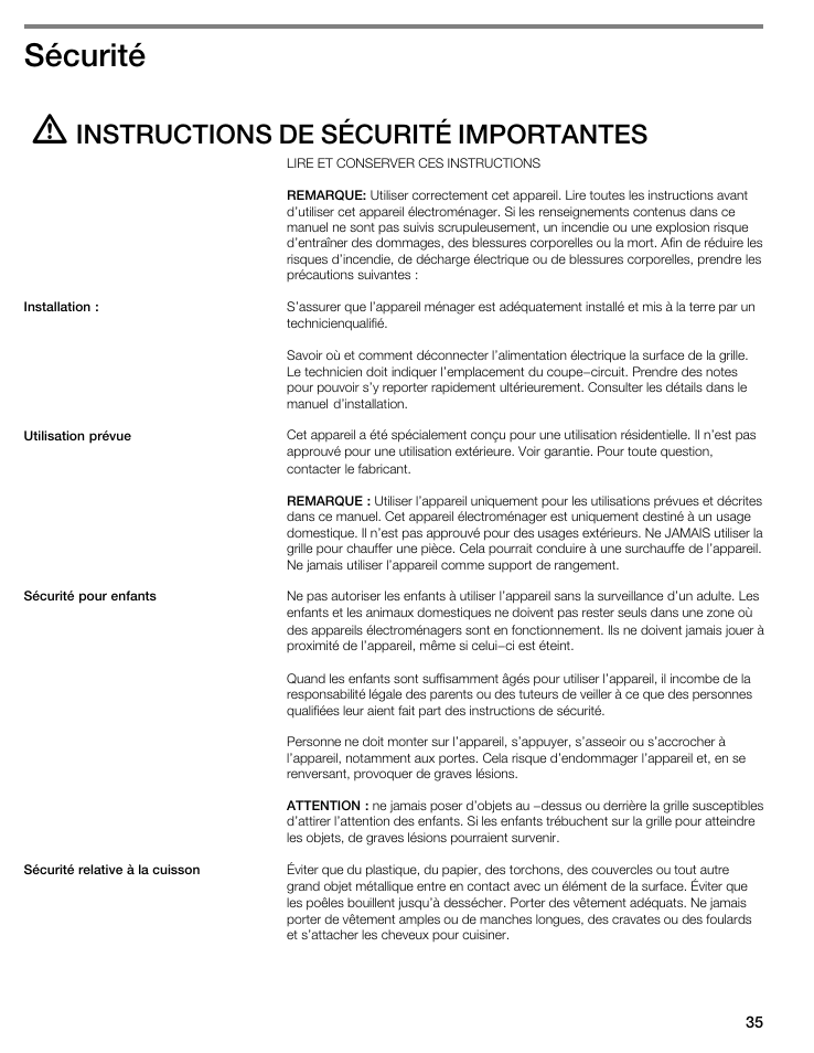 Sécurité, Instructions de sécurité importantes | Thermador CIT304GM User Manual | Page 34 / 94