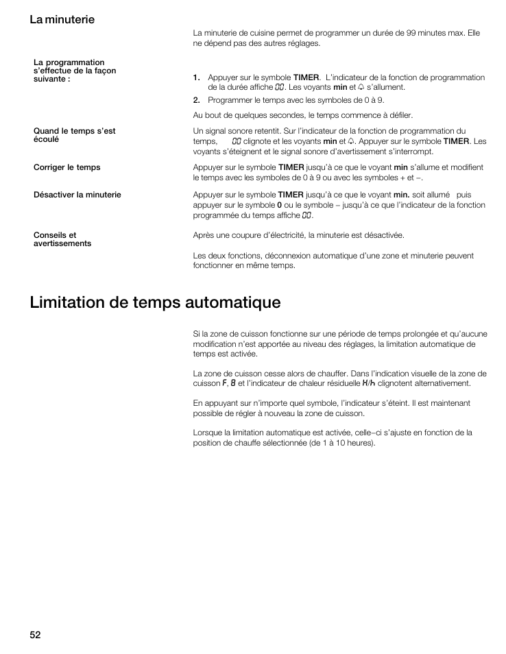 Limitation de temps automatique, La minuterie | Thermador CIT304GM User Manual | Page 51 / 94