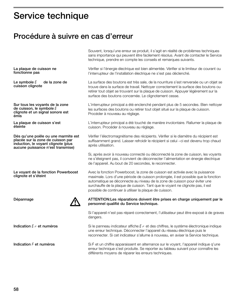 Service technique, Procédure à suivre en cas d'erreur | Thermador CIT304GM User Manual | Page 57 / 94