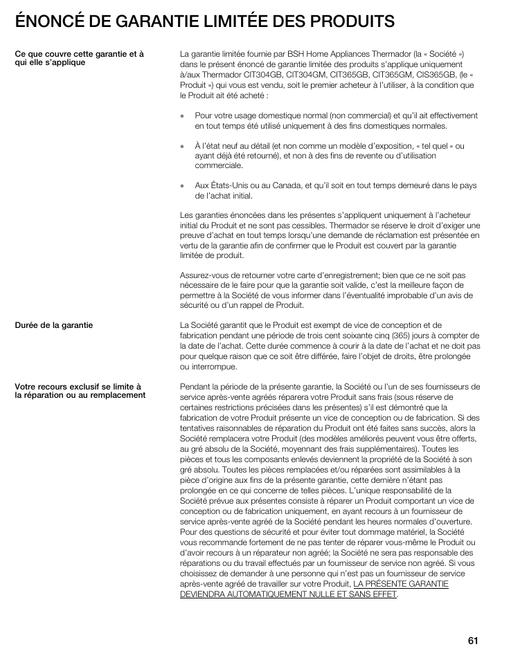 Énoncé de garantie limitée des produits | Thermador CIT304GM User Manual | Page 60 / 94