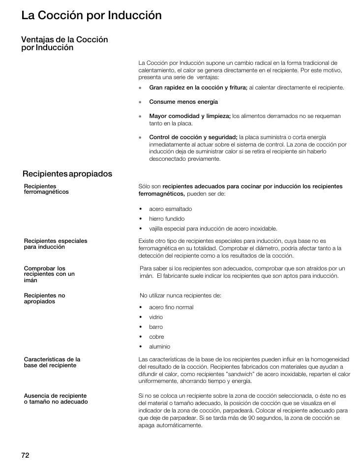 La cocción por inducción, Ventajas de la cocción por inducción, Recipientes apropiados | Thermador CIT304GM User Manual | Page 71 / 94