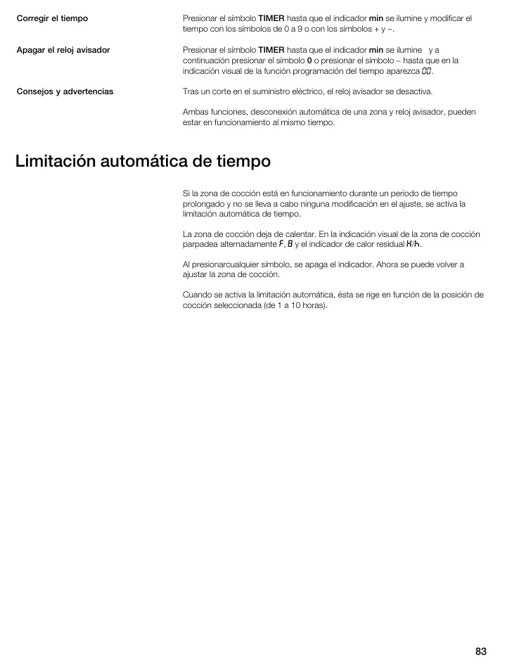 Limitación automática de tiempo | Thermador CIT304GM User Manual | Page 82 / 94