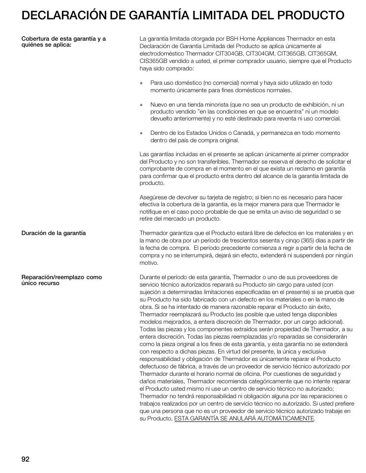 Declaración de garantía limitada del producto | Thermador CIT304GM User Manual | Page 91 / 94