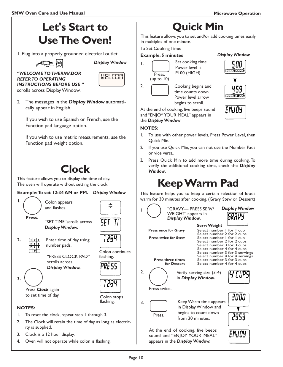 Clock keep warm pad, Quick min, Let's start to use the oven | Welcom | Thermador SMW272 User Manual | Page 12 / 64