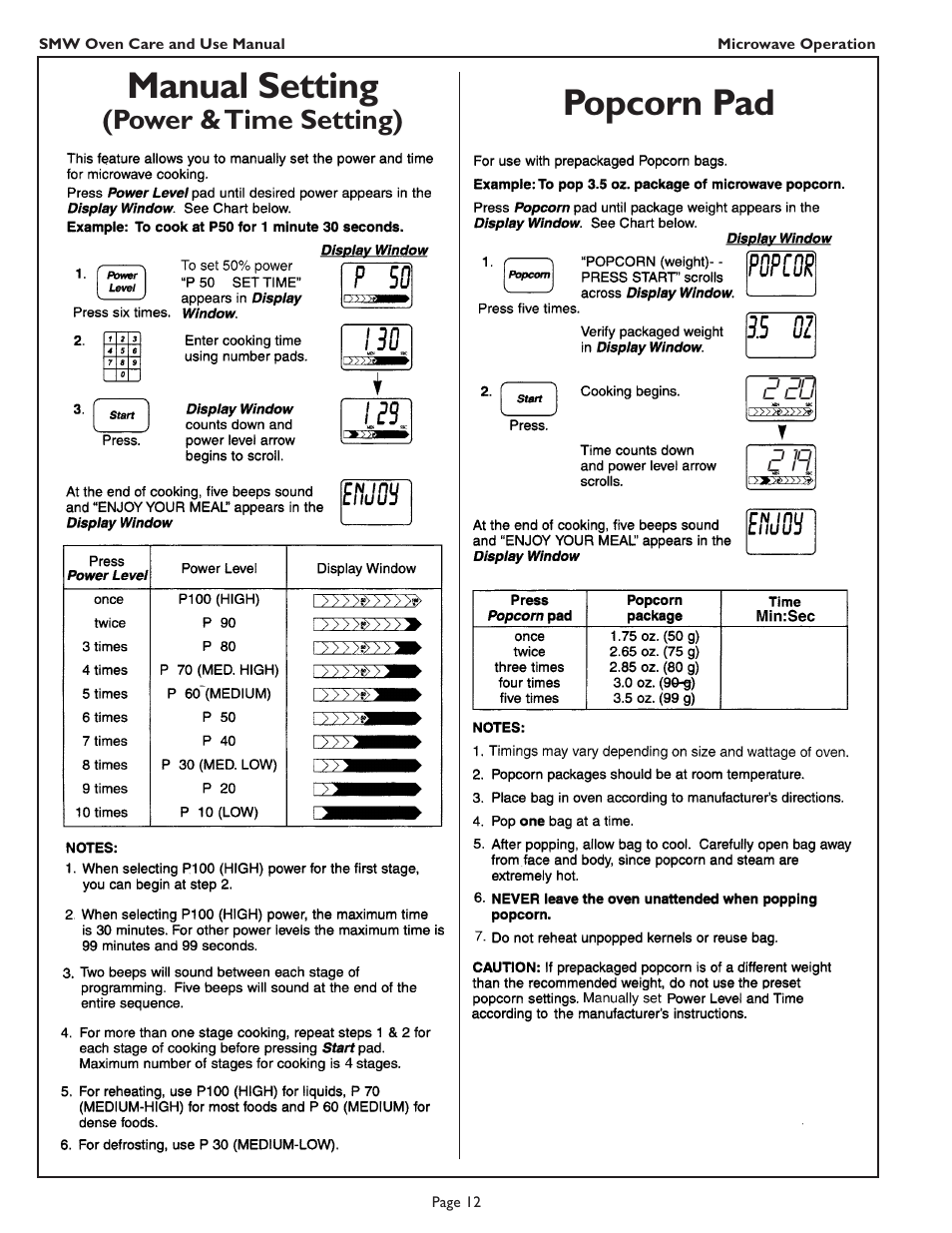 Manual setting, Popcorn pad | Thermador SMW272 User Manual | Page 14 / 64