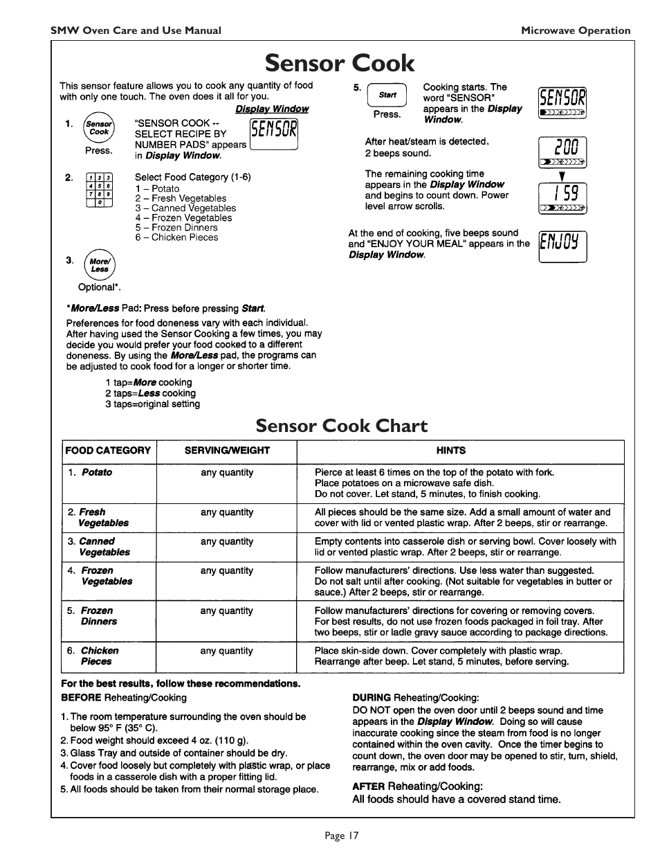 Sensor cook, Sensor cook chart | Thermador SMW272 User Manual | Page 19 / 64