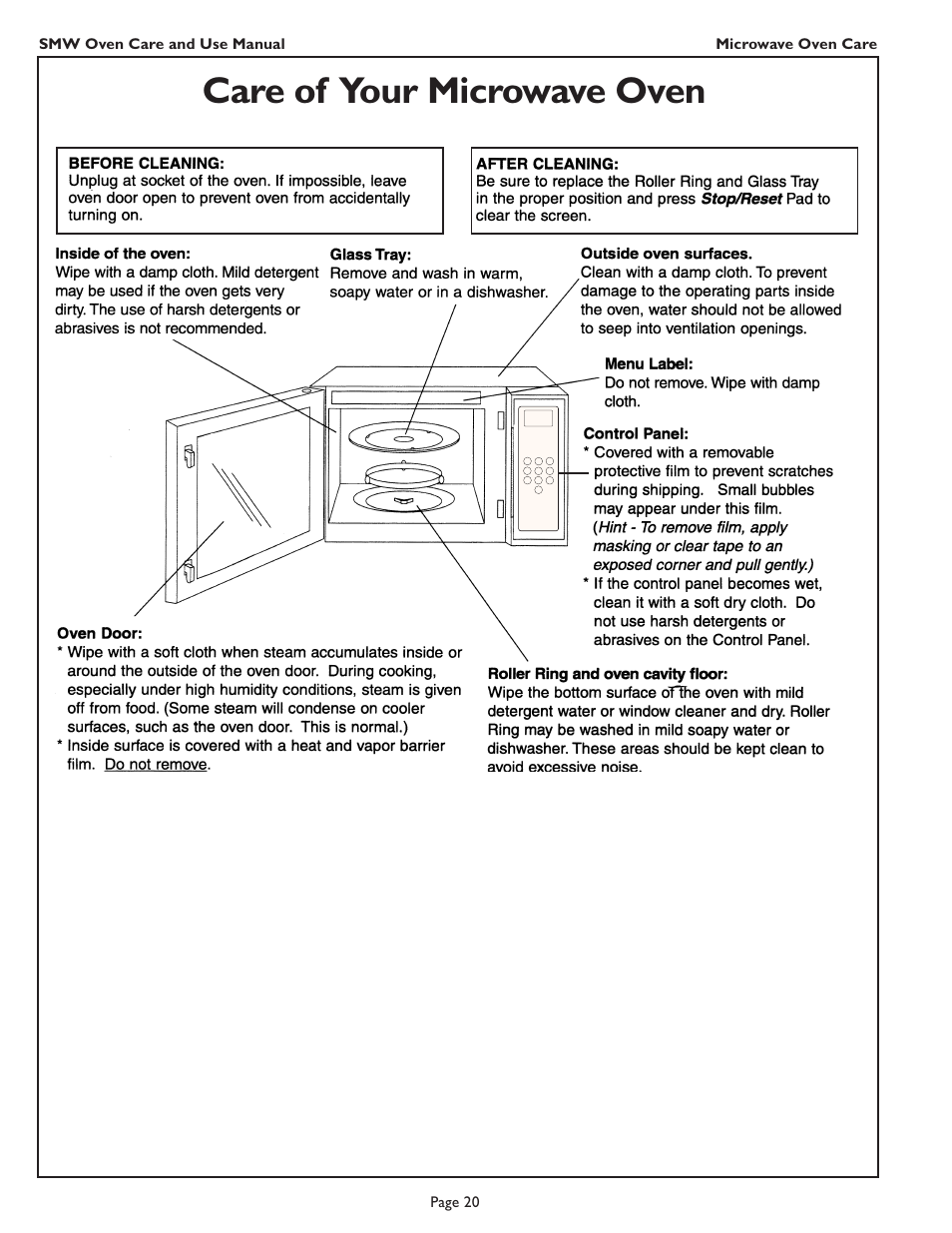 Care of your microwave oven, Smw oven care and use manual, Page 20 microwave oven care | Thermador SMW272 User Manual | Page 22 / 64