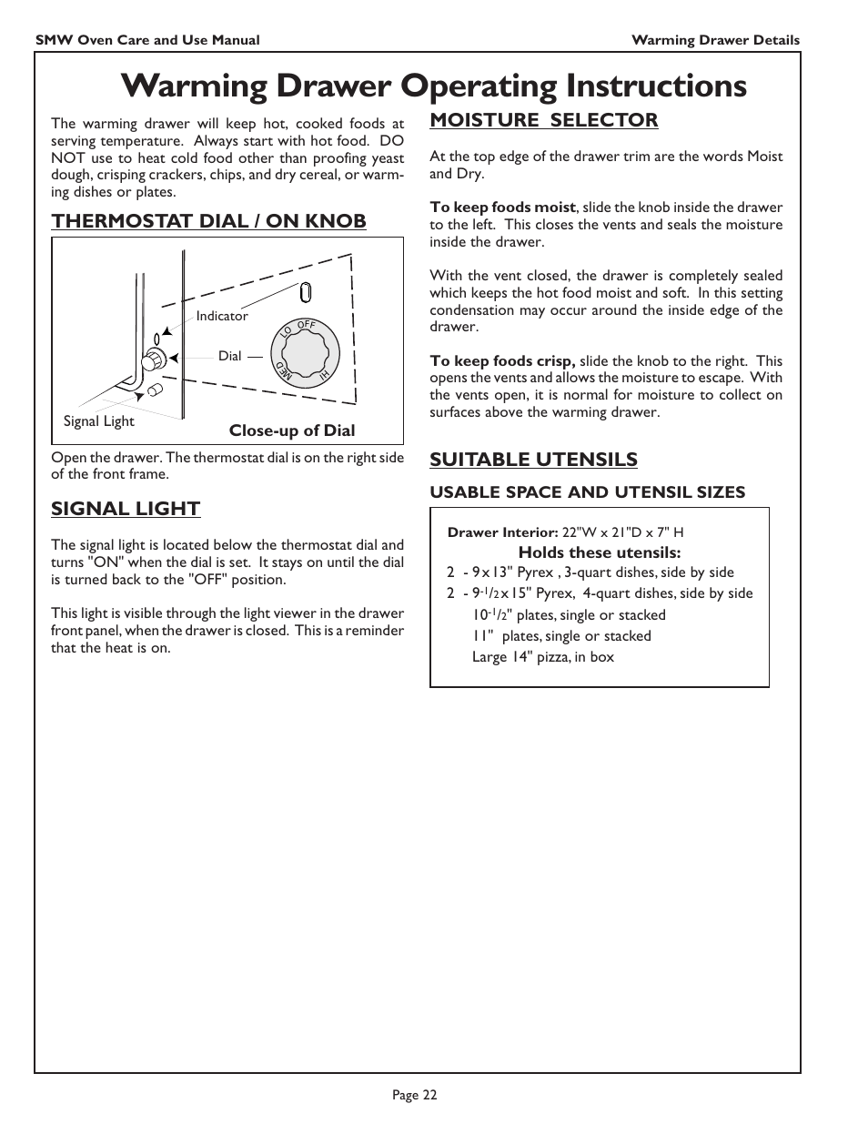 Warming drawer operating instructions, Signal light, Thermostat dial / on knob | Suitable utensils moisture selector | Thermador SMW272 User Manual | Page 24 / 64