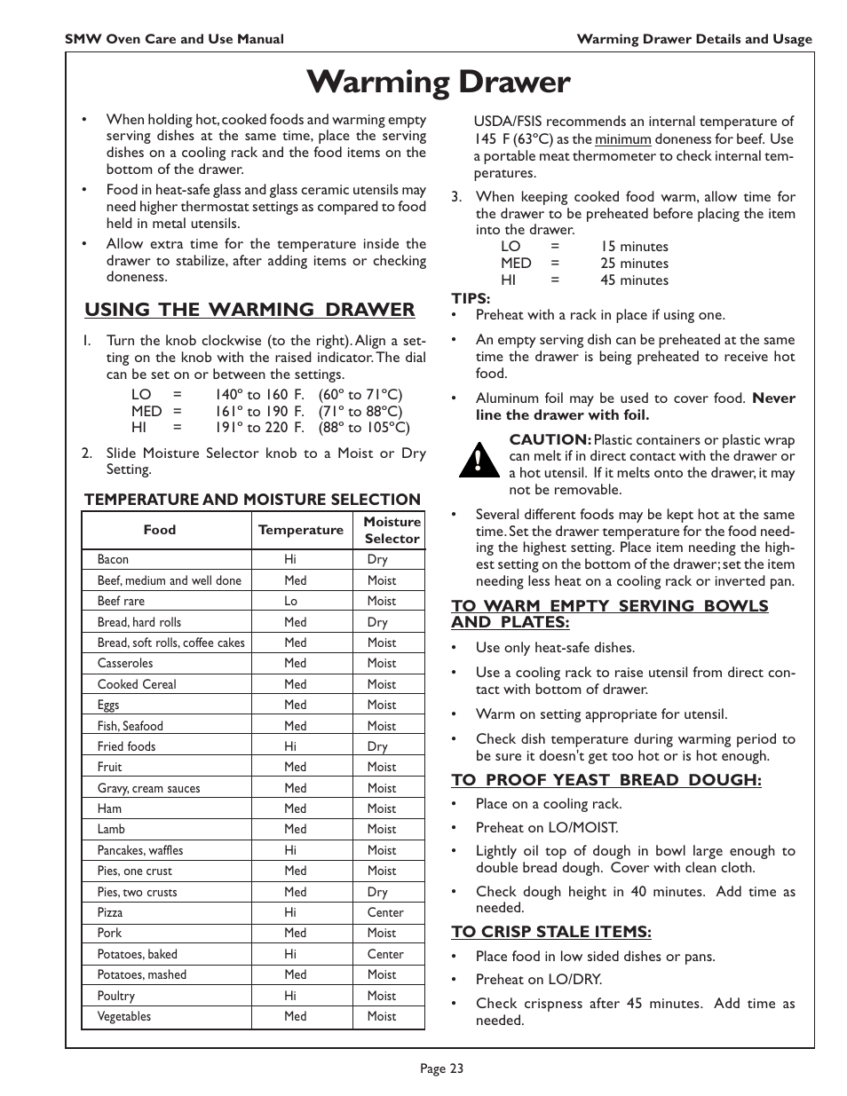 Warming drawer, Using the warming drawer | Thermador SMW272 User Manual | Page 25 / 64