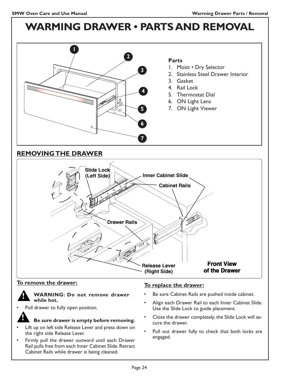 Warming drawer • parts and removal | Thermador SMW272 User Manual | Page 26 / 64