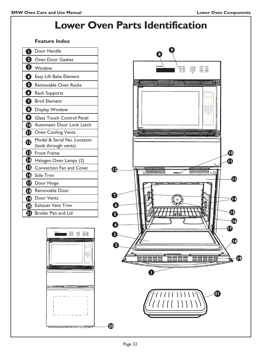 Lower oven parts identification, Feature index, Smw oven care and use manual lower oven components | Thermador SMW272 User Manual | Page 34 / 64