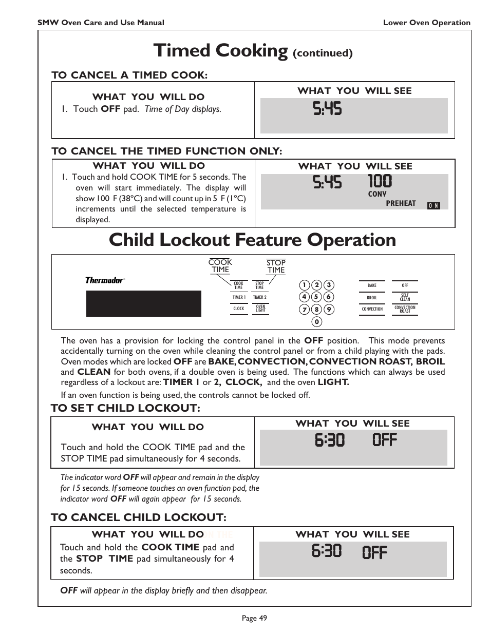 Timed cooking, Child lockout feature operation | Thermador SMW272 User Manual | Page 51 / 64