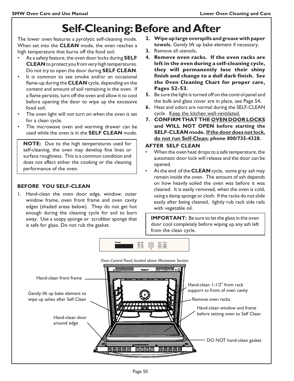 Self-cleaning: before and after, Hand-clean front frame, Page 50 | Remove oven racks | Thermador SMW272 User Manual | Page 52 / 64