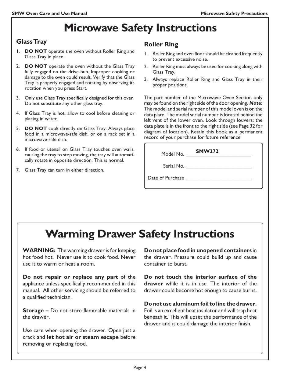 Microwave safety instructions, Warming drawer safety instructions | Thermador SMW272 User Manual | Page 6 / 64