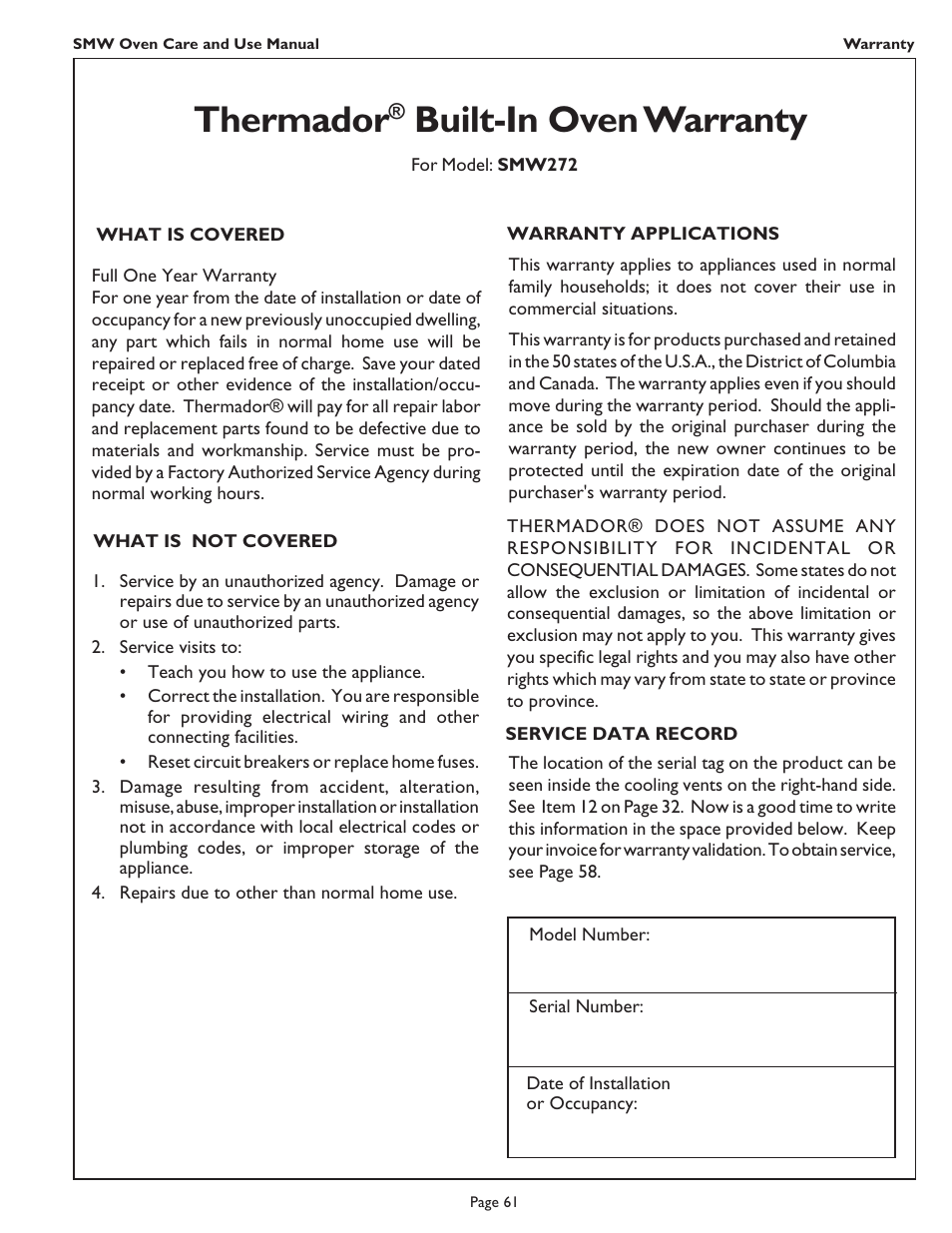 Thermador, Built-in oven warranty | Thermador SMW272 User Manual | Page 63 / 64