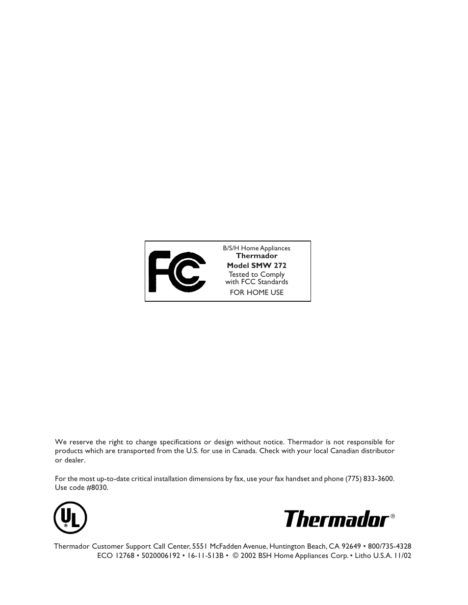 Thermador SMW272 User Manual | Page 64 / 64