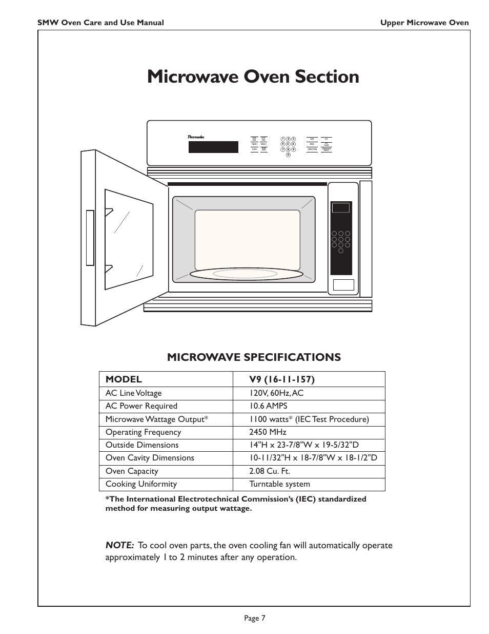 Microwave specifications, Smw oven care and use manual, Page 7 upper microwave oven | Thermador SMW272 User Manual | Page 9 / 64