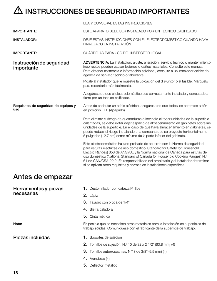 Instrucciones de seguridad importantes, Antes de empezar, Instrucción de seguridad importante | Herramientas y piezas necesarias, Piezas incluidas | Thermador CIT365DS User Manual | Page 17 / 23