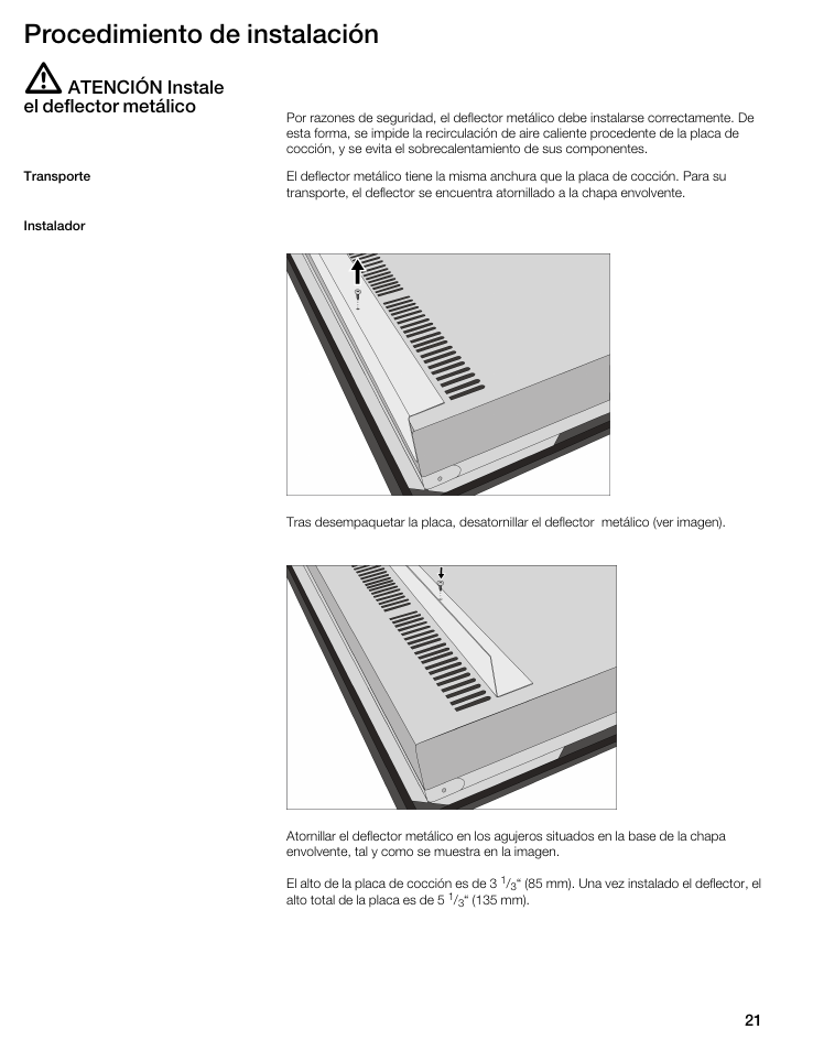 Procedimiento de instalación, Atención instale el deflector metálico | Thermador CIT365DS User Manual | Page 20 / 23