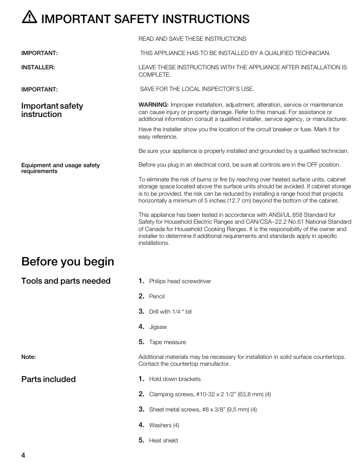 Important safety instructions, Before you begin | Thermador CIT365DS User Manual | Page 3 / 23
