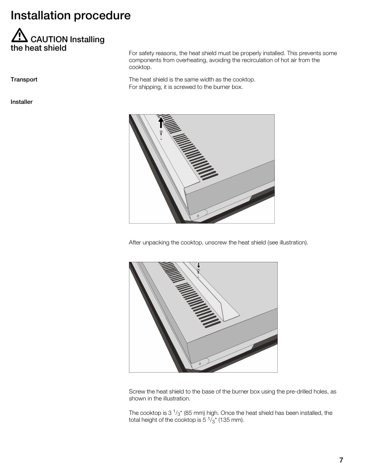 Installation procedure, Caution installing the heat shield | Thermador CIT365DS User Manual | Page 6 / 23