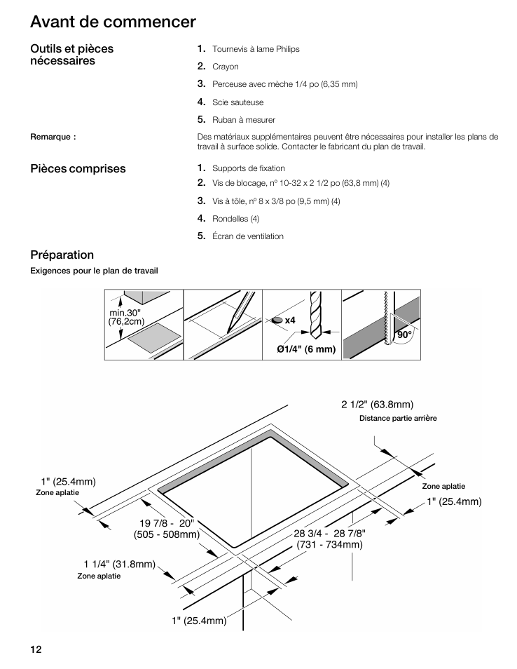 Avant de commencer, Outils et pièces nécessaires, Pièces comprises préparation | Thermador CIT30 User Manual | Page 11 / 25