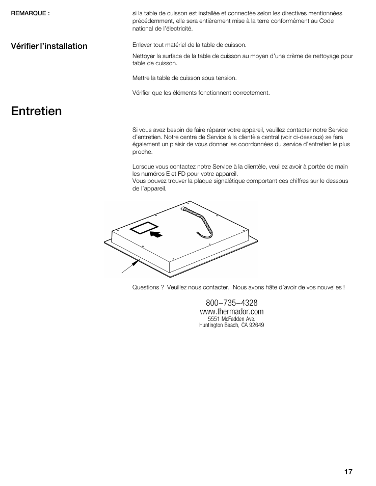 Entretien, Vérifier l'installation | Thermador CIT30 User Manual | Page 16 / 25