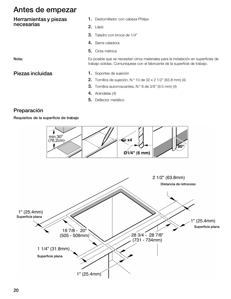 Antes de empezar, Herramientas y piezas necesarias, Piezas incluidas preparación | Thermador CIT30 User Manual | Page 19 / 25