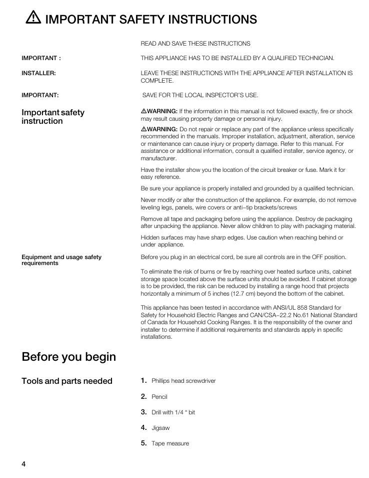 Important safety instructions, Before you begin | Thermador CIT30 User Manual | Page 3 / 25