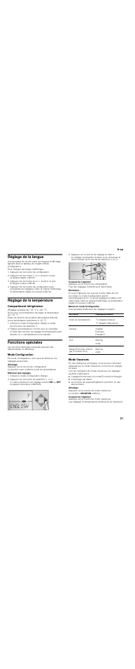 Réglage de la langue, Appuyez sur la touche de configuration, Réglage de la température | Compartiment réfrigérateur, Fonctions spéciales, Mode configuration, Allumage, Effectuer des réglages, Activez le mode configuration (setup), Appuyez sur la touche de sélection ¾ ou | Thermador T30IR User Manual | Page 21 / 44