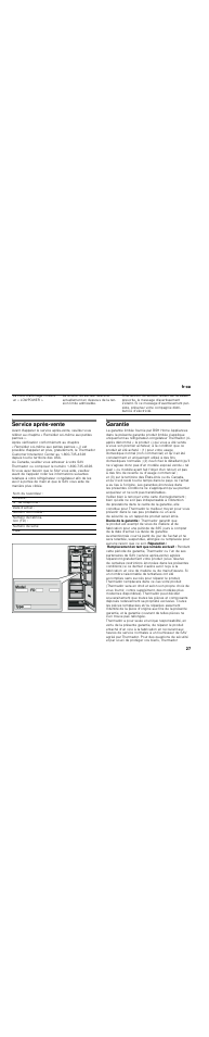 Service après-vente, Garantie, Fr-ca 27 | Thermador T30IR User Manual | Page 27 / 44