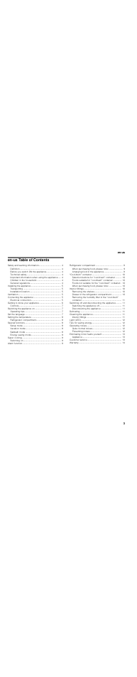 En-us table of contentsen operating instructions, Installing the appliance 5, Ventilation 5 | Connecting the appliance 5, Getting to know your appliance 6, Switching the appliance on 7, Set the language 7, Setting the temperature 8, Special functions 8, Super cooling 9 | Thermador T30IR User Manual | Page 3 / 44