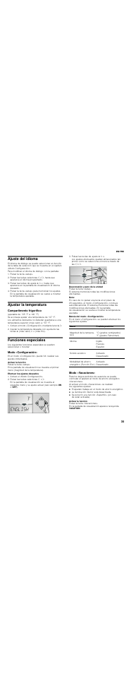 Ajuste del idioma, Pulsar la tecla «setup, Ajustar la temperatura | Compartimento frigorífico, Activar el modo «configuración» mediante la tecla, Funciones especiales, Modo «configuración, Activar la función, Efectuar los ajustes deseados, Activar el «modo configuración | Thermador T30IR User Manual | Page 35 / 44