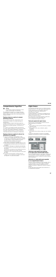 Compartimento frigorífico, Aviso, Cajón fresco | Teclas de ajuste del cajón fresco, Es-mx 37 | Thermador T30IR User Manual | Page 37 / 44