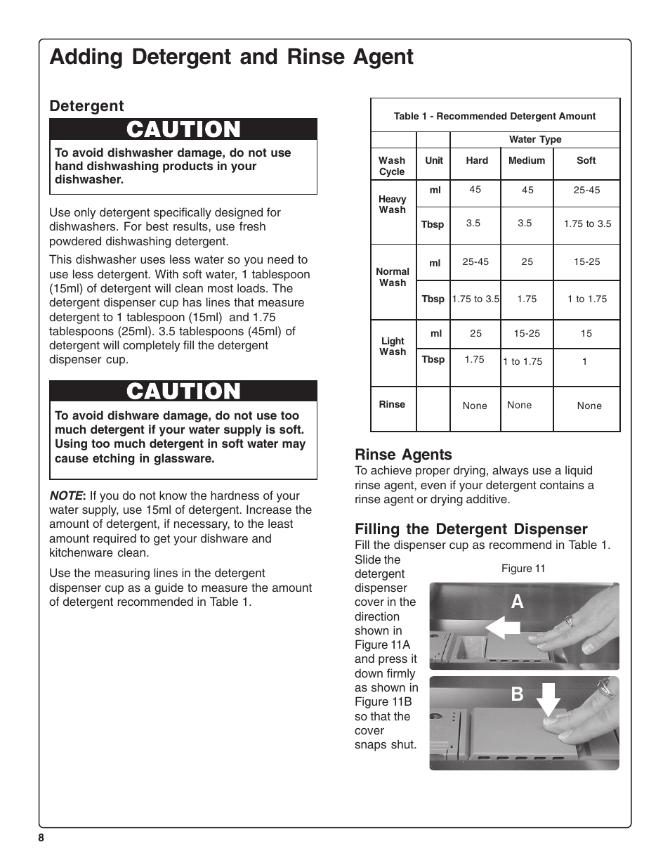 Adding detergent and rinse agent, Rinse agents, Filling the detergent dispenser | Detergent | Thermador DWHD43C User Manual | Page 10 / 58